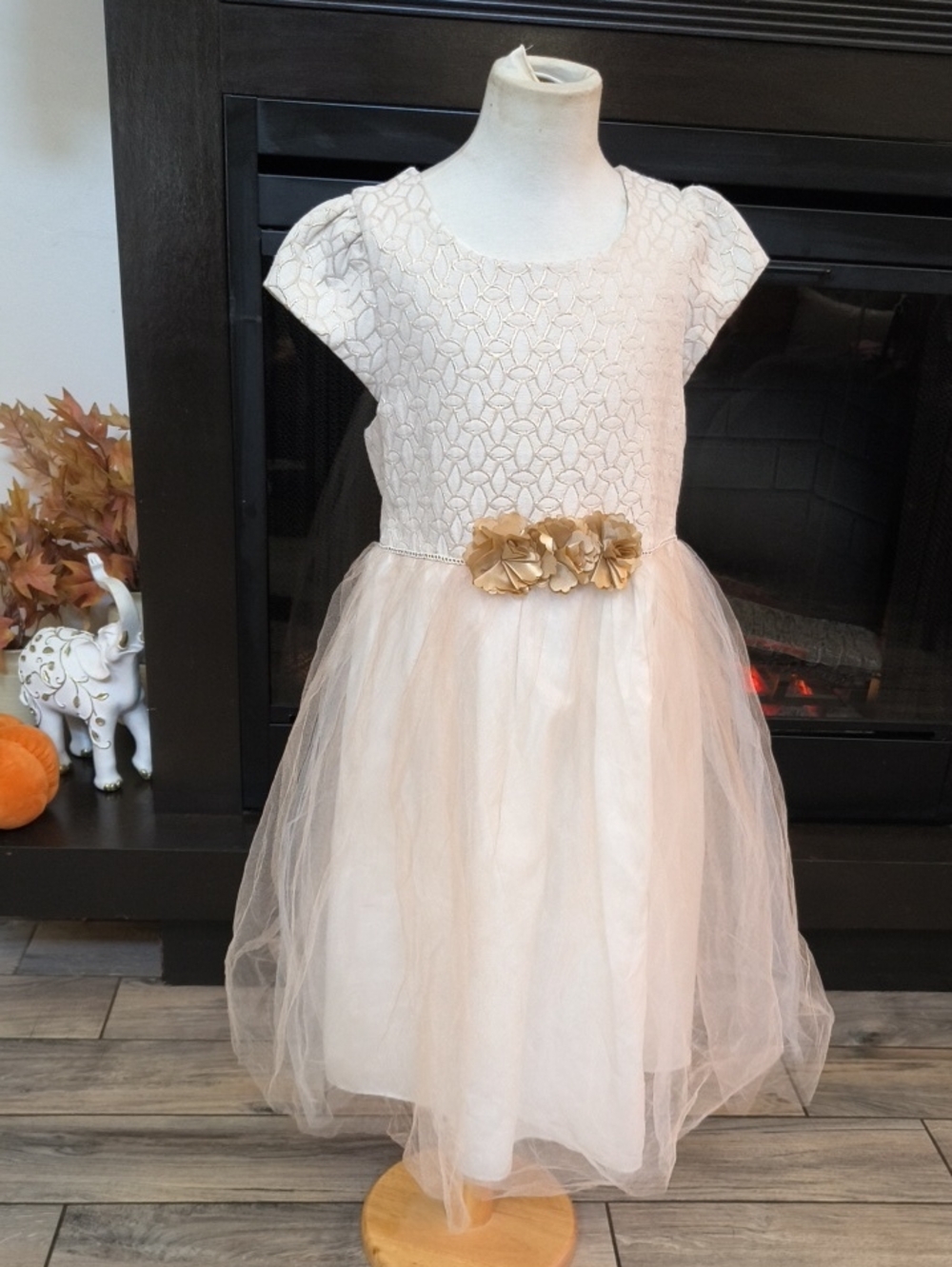 George Cream Tulle Dress with Gold Floral Belt